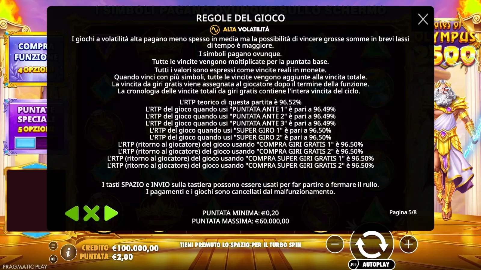 Regole di Gates of Olympus 2500: alta volatilità e dieci valori di RTP, da 96,49% a 96,52%, uno per modalità