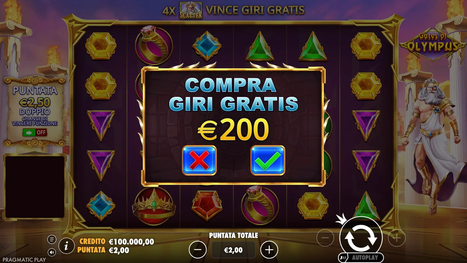 La finestra Compra giri gratis di Gates of Olympus a 200 euro