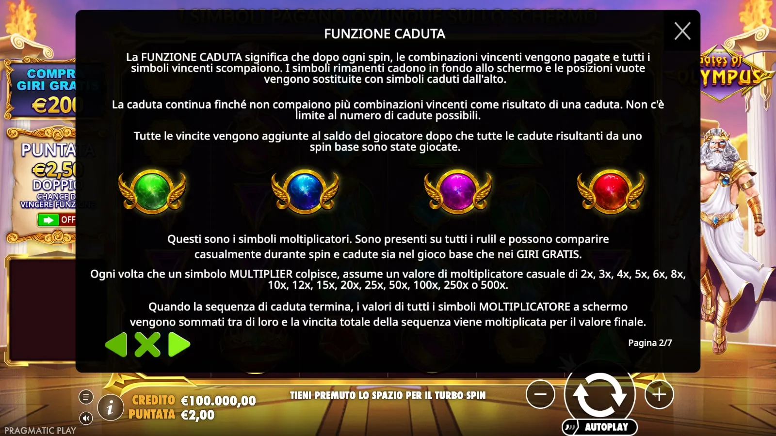 Pagina delle regole con i quattro simboli moltiplicatore e l’elenco dei valori da 2x a 500x