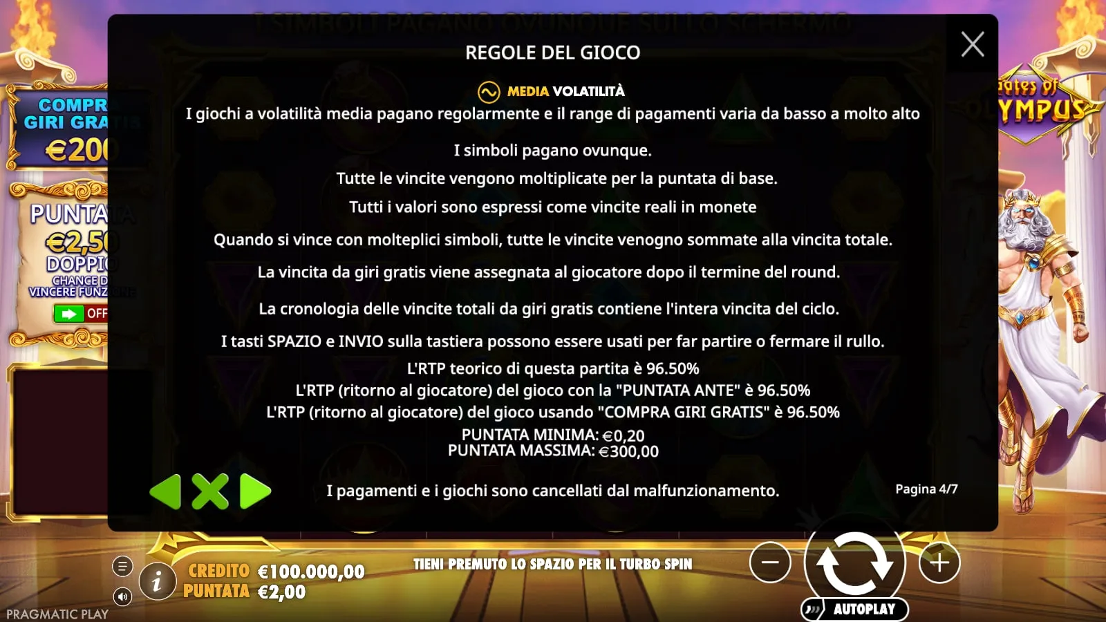 La pagina delle regole di Gates of Olympus: volatilità media, RTP teorico 96,50%, puntata minima e massima