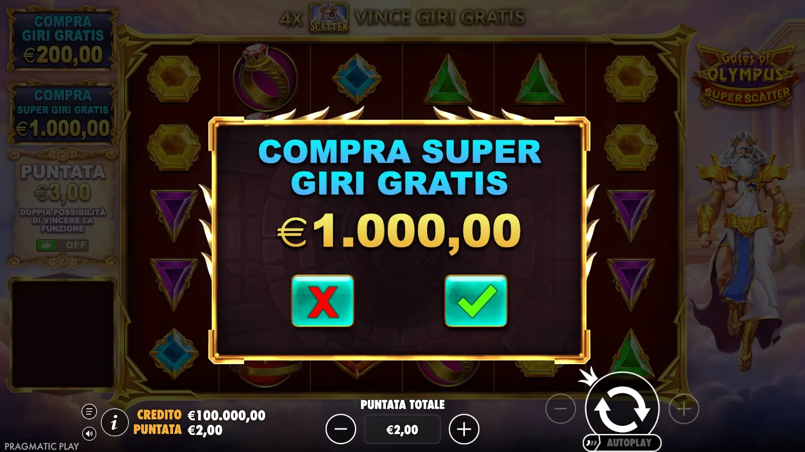 Finestra Compra Super giri gratis di Gates of Olympus Super Scatter: 1.000 euro con puntata da 2 euro