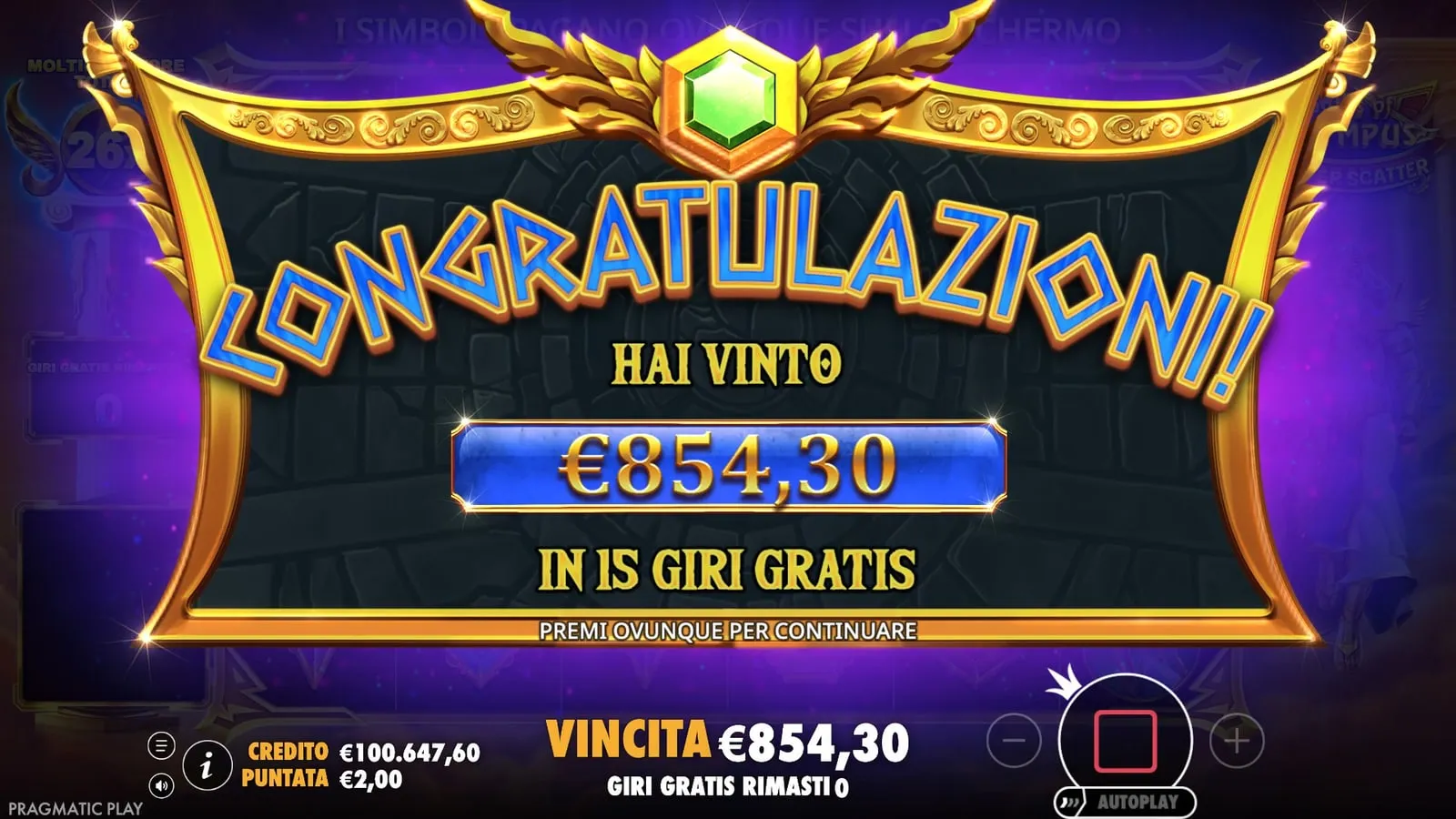 Pannello finale dei giri gratis: hai vinto 854,30 euro