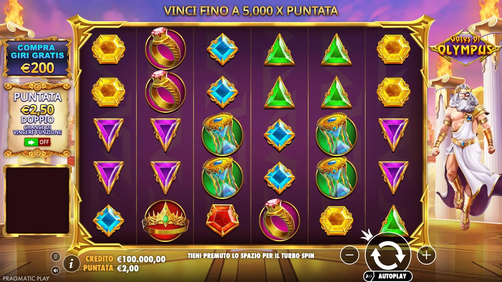 Gates of Olympus nella demo ufficiale: griglia 6×5, Compra giri gratis e Puntata Ante a sinistra, Zeus a destra