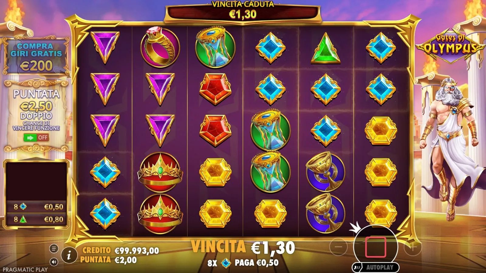 Una sequenza di cadute in Gates of Olympus con la vincita in alto e l’elenco delle combinazioni a sinistra